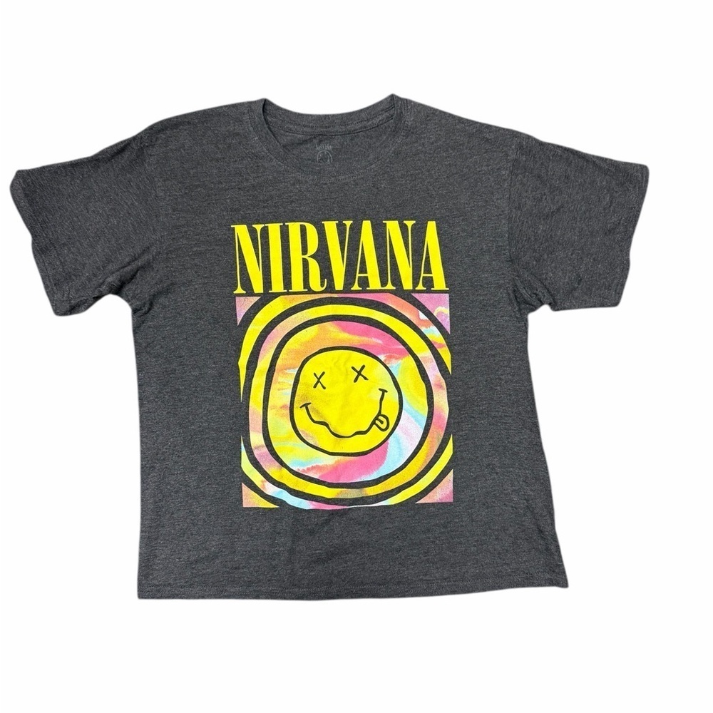 Nirvana Smiley Face Graphic T-Shirt Unisex Dark Gray Band Tee Size S